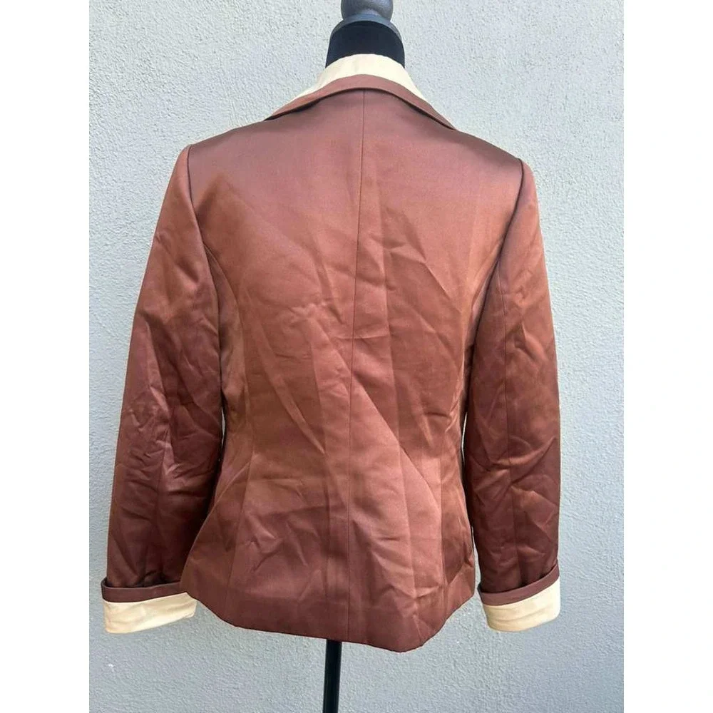 Sample Brown Satin Leaf Applique Rhinestone Blazer Jacket Size 6‎ Bronze Cream